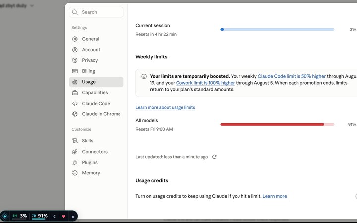 Claude native usage page with Horizon mini bar